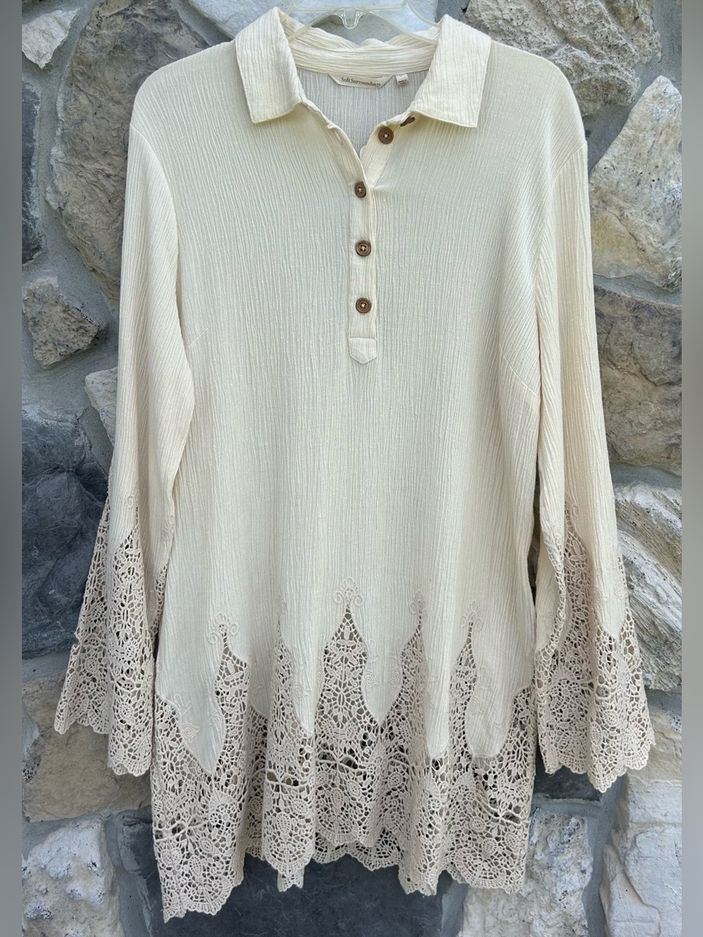 NEW Soft Surroundings Tunic Size L Cream Crochet Lace Boho Minimalist Romantic